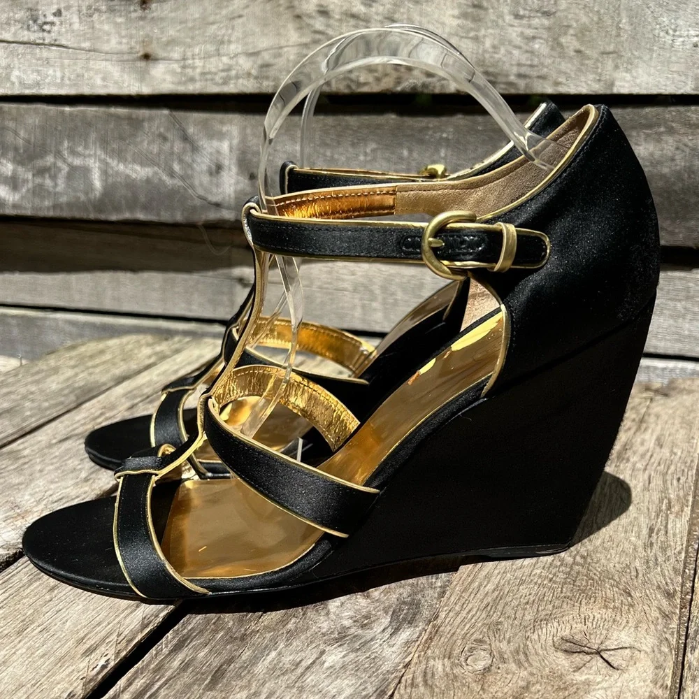 🌻COACH Trixy Black Satin Strappy Wedge Heels Size 10